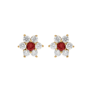 BOUCLES D'OREILLES TIGE ARGENT RHODIÉ FLEUR MARGUERITE OXYDES CENTRE ROUGE ET CONTOUR BLANCS SERTIS