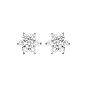 BOUCLES D'OREILLES TIGE ARGENT RHODIÉ FLEUR  MARGUERITE OXYDES BLANCS SERTIS
