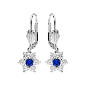 BOUCLES D'OREILLES DORMEUSE ARGENT RHODIÉ FLEUR MARGUERITE OXYDES CENTRE BLEU FONCÉ ET CONTOUR BLANCS SERTIS