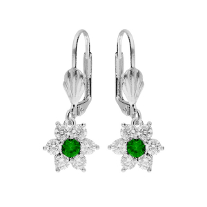 BOUCLES D'OREILLES DORMEUSE ARGENT RHODIÉ FLEUR  MARGUERITE OXYDES CENTRE VERT ET CONTOUR BLANCS SERTIS