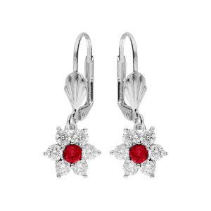 BOUCLES D'OREILLES DORMEUSE ARGENT RHODIÉ FLEUR MARGUERITE OXYDES CENTRE ROUGE ET CONTOUR BLANCS SERTIS