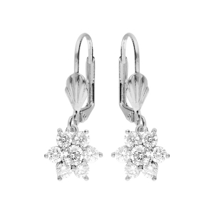 BOUCLES D'OREILLES DORMEUSE ARGENT RHODIÉ FLEUR MARGUERITE OXYDES BLANCS SERTIS