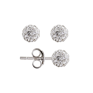 BOUCLES D'OREILLES TIGE ARGENT RHODIÉ +  PT BOULE RÉSINE STRASS BLANCS