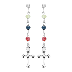 BOUCLES D'OREILLES ARGENT RHODIÉ AVEC 3 BOULES VERRE FACETÉ ET PAMPILLES CROIX