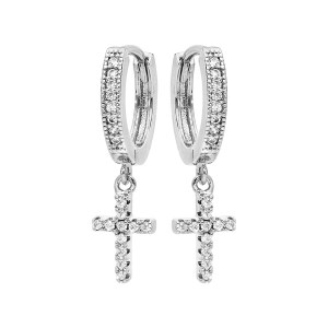 CRÉOLES ARGENT RHODIÉ ARTICULEE AVEC PAMPILLE CROIX OXYDES BLANCS SERTIS