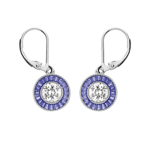 BOUCLES D'OREILLES ARGENT RHODIÉ DORMEUSE RONDE CENTRE OXYDE BLANC ET CONTOUR OXYDES RECTANGULAIRES BLEUS