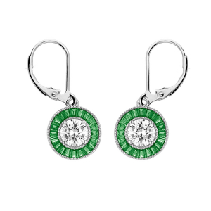 BOUCLES D'OREILLES ARGENT RHODIÉ DORMEUSE RONDE CENTRE OXYDE BLANC ET CONTOUR OXYDES RECTANGULAIRES VERTS