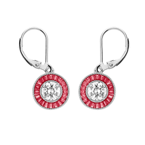 BOUCLES D'OREILLES ARGENT RHODIÉ DORMEUSE RONDE CENTRE OXYDE BLANC ET CONTOUR OXYDES RECTANGULAIRES ROUGES