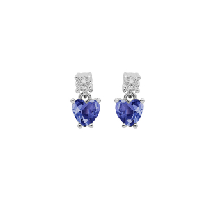 BOUCLES D'OREILLES TIGE ARGENT RHODIÉ OXYDES BLANC ET BLEU FONCÉ FORME COEUR