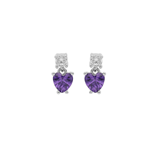 BOUCLES D'OREILLES TIGE ARGENT RHODIÉ OXYDES BLANC ET VIOLET FORME COEUR