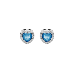BOUCLES D'OREILLES TIGE ARGENT RHODIÉ COEUR OXYDE BLEU CIEL ET CONTOUR OXYDES BLANCS SERTIS