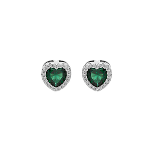 BOUCLES D'OREILLES TIGE ARGENT RHODIÉ COEUR OXYDE VERT ET CONTOUR OXYDES BLANCS SERTIS