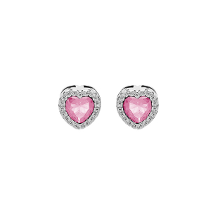 BOUCLES D'OREILLES TIGE ARGENT RHODIÉ COEUR OXYDE ROSE ET CONTOUR OXYDES BLANCS SERTIS