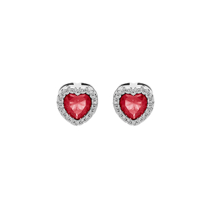 BOUCLES D'OREILLES TIGE ARGENT RHODIÉ COEUR OXYDE ROUGE ET CONTOUR OXYDES BLANCS SERTIS