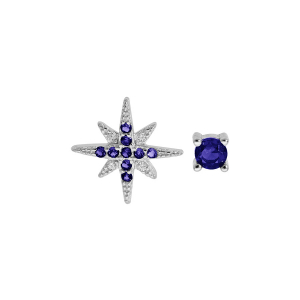 BOUCLES D'OREILLES TIGE ARGENT RHODIÉ 1 ETOILE OXYDES BLANCS ET BLEUS FONCÉS ET 1 CLOU OXYDE BLEU FONCÉ SERTI GRIFFE