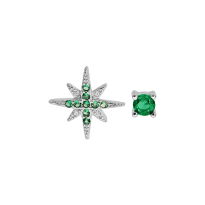 BOUCLES D'OREILLES TIGE ARGENT RHODIÉ 1 ETOILE OXYDES BLANCS ET VERTS FONCÉS ET 1 CLOU OXYDE VERT SERTI GRIFFE