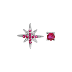 BOUCLES D'OREILLES TIGE ARGENT RHODIÉ 1 ETOILE OXYDES BLANCS ET ROUGES SERTIS ET 1 CLOU OXYDE ROUGE SERTI GRIFFE