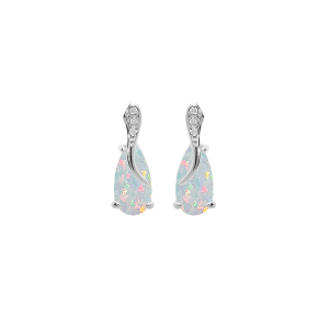 BOUCLES D'OREILLES TIGE ARGENT RHODIÉ OPALE BLANCHE IMITATION ET OXYDES BLANCS SERTIS