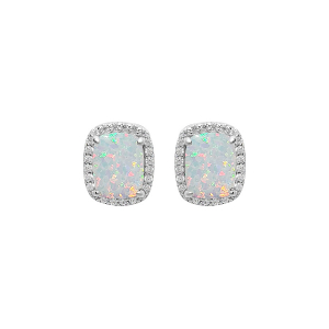 BOUCLES D'OREILLES TIGE ARGENT RHODIÉ CARRÉ OPALE BLANCHE IMITATION ET OXYDES BLANCS SERTIS