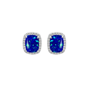 BOUCLES D'OREILLES TIGE ARGENT RHODIÉ CARRÉ OPALE BLEU FONCÉ IMITATION ET OXYDES BLANCS SERTIS
