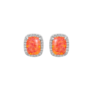 BOUCLES D'OREILLES TIGE ARGENT RHODIÉ CARRÉ OPALE ORANGE IMITATION ET OXYDES BLANCS SERTIS