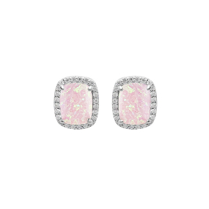 BOUCLES D'OREILLES TIGE ARGENT RHODIÉ CARRÉ OPALE ROSE IMITATION ET OXYDES BLANCS SERTIS