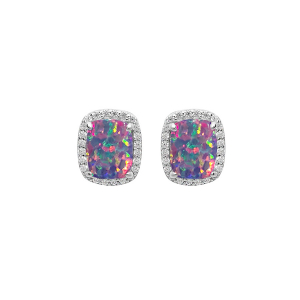 BOUCLES D'OREILLES TIGE ARGENT RHODIÉ CARRÉ OPALE VIOLET IMITATION ET OXYDES BLANCS SERTIS