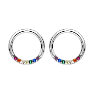 BOUCLES D'OREILLES TIGE ARGENT RHODIÉ CERCLE PIERRES MULTI COULEURS SYNTHETIQUE