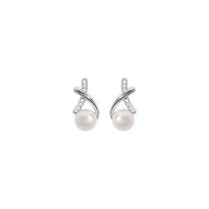 BOUCLES D'OREILLES TIGE ARGENT RHODIÉ PERLE DE CULTURE D'EAU DOUCE BLANCHE ET OXYDES BLANCS SERTIS
