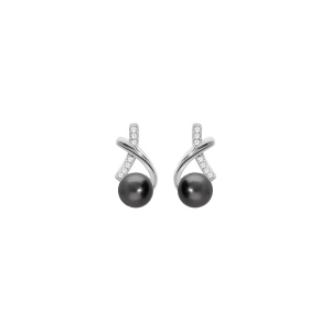 BOUCLES D'OREILLES TIGE ARGENT RHODIÉ PERLE DE CULTURE DE TAHITI VÉRITABLE ET OXYDES BLANCS SERTIS