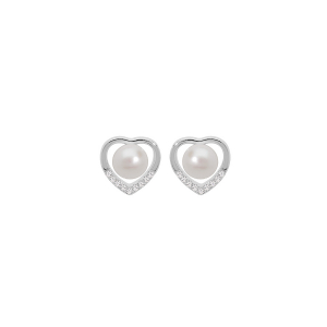 BOUCLES D'OREILLES TIGE ARGENT RHODIÉ COEUR PERLE DE CULTURE D'EAU DOUCE BLANCHE ET OXYDES BLANCS SERTIS