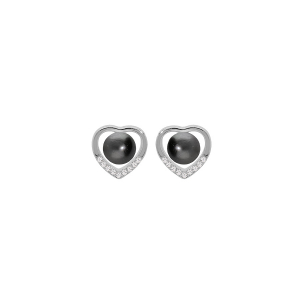 BOUCLES D'OREILLES TIGE ARGENT RHODIÉ COEUR PERLE DE CULTURE DE TAHITI VÉRITABLE ET OXYDES BLANCS SERTIS