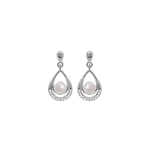BOUCLES D'OREILLES TIGE ARGENT RHODIÉ PERLE DE CULTURE D'EAU DOUCE BLANCHE ET OXYDES BLANCS SERTIS