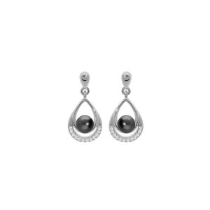 BOUCLES D'OREILLES TIGE ARGENT RHODIÉ PERLE DE CULTURE DE TAHITI VÉRITABLE ET OXYDES BLANCS SERTIS