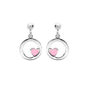 BOUCLES D'OREILLES TIGE ARGENT RHODIÉ CERCLE AVEC COEUR RÉSINE ROSE