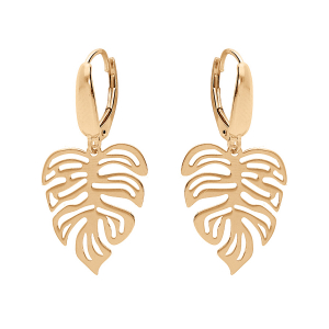 BOUCLES D'OREILLES DORMEUSE ARGENT ET DORURE JAUNE FEUILLE TROPICAL