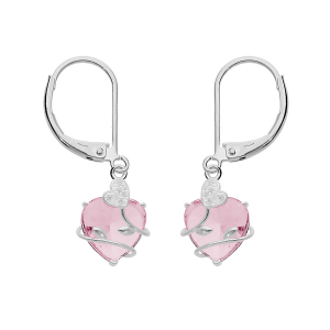 BOUCLES D'OREILLES ARGENT PLATINÉ COEUR OXYDE ROSE AVEC VOLUTE