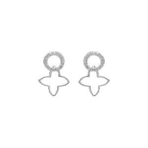 BOUCLES D'OREILLES TIGE ARGENT RHODIÉ PENDANTE FLEUR DECOUPÉE LISSE ET CERCLE OXYDES BLANCS SERTIS