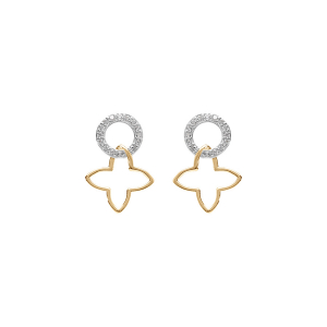 BOUCLES D'OREILLES TIGE ARGENT RHODIÉ ET DORÉ PENDANTE FLEUR DECOUPÉE LISSE ET CERCLE OXYDES BLANCS SERTIS