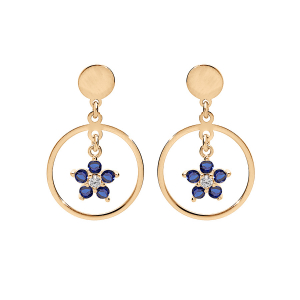 BOUCLES D'OREILLES TIGE ARGENT ET DORURE JAUNE FLEUR OXYDES BLEU