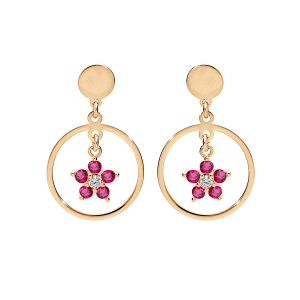 BOUCLES D'OREILLES TIGE ARGENT ET DORURE JAUNE FLEUR OXYDES ROUGE