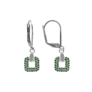 BOUCLES D'OREILLES DORMEUSE ARGENT RHODIÉ CARRÉ OXYDES VERTS SERTIS