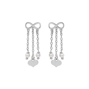BOUCLES D'OREILLES TIGE ARGENT RHODIE INFINI  3 CHAINETTES COEUR ET PERLES IMITATION