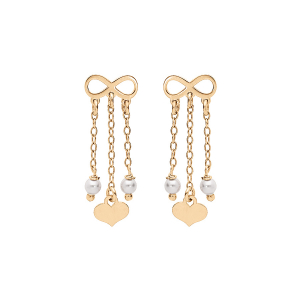 BOUCLES D'OREILLES TIGE ARGENT ET DORURE JAUNE INFINI  3 CHAINETTES COEUR ET PERLES IMITATION