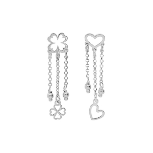 BOUCLES D'OREILLES TIGE ARGENT RHODIE COEUR ET TREFLE EVIDÉ 3 CHAINETTES