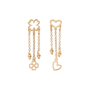 BOUCLES D'OREILLES TIGE ARGENT ET DORURE JAUNE COEUR ET TREFLE ÉVIDÉ 3 CHAINETTES