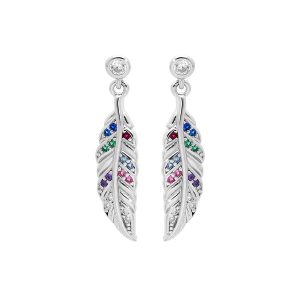 BOUCLES D'OREILLES TIGE ARGENT RHODIÉ PLUME OXYDES MULTI COULEURS