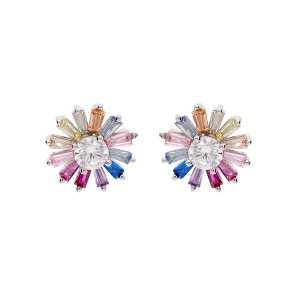 BOUCLES D'OREILLES TIGE ARGENT RHODIÉ FLEUR OXYDES MULTICOULEURS
