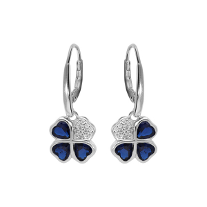 BOUCLES D'OREILLES DORMEUSE ARGENT RHODIÉ TREFLE ET COEUR 10MM OXYDES BLEUS