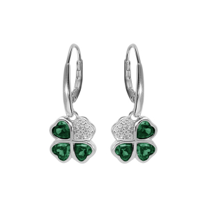 BOUCLES D'OREILLES DORMEUSE ARGENT RHODIÉ TREFLE ET COEUR 10MM OXYDES VERTS